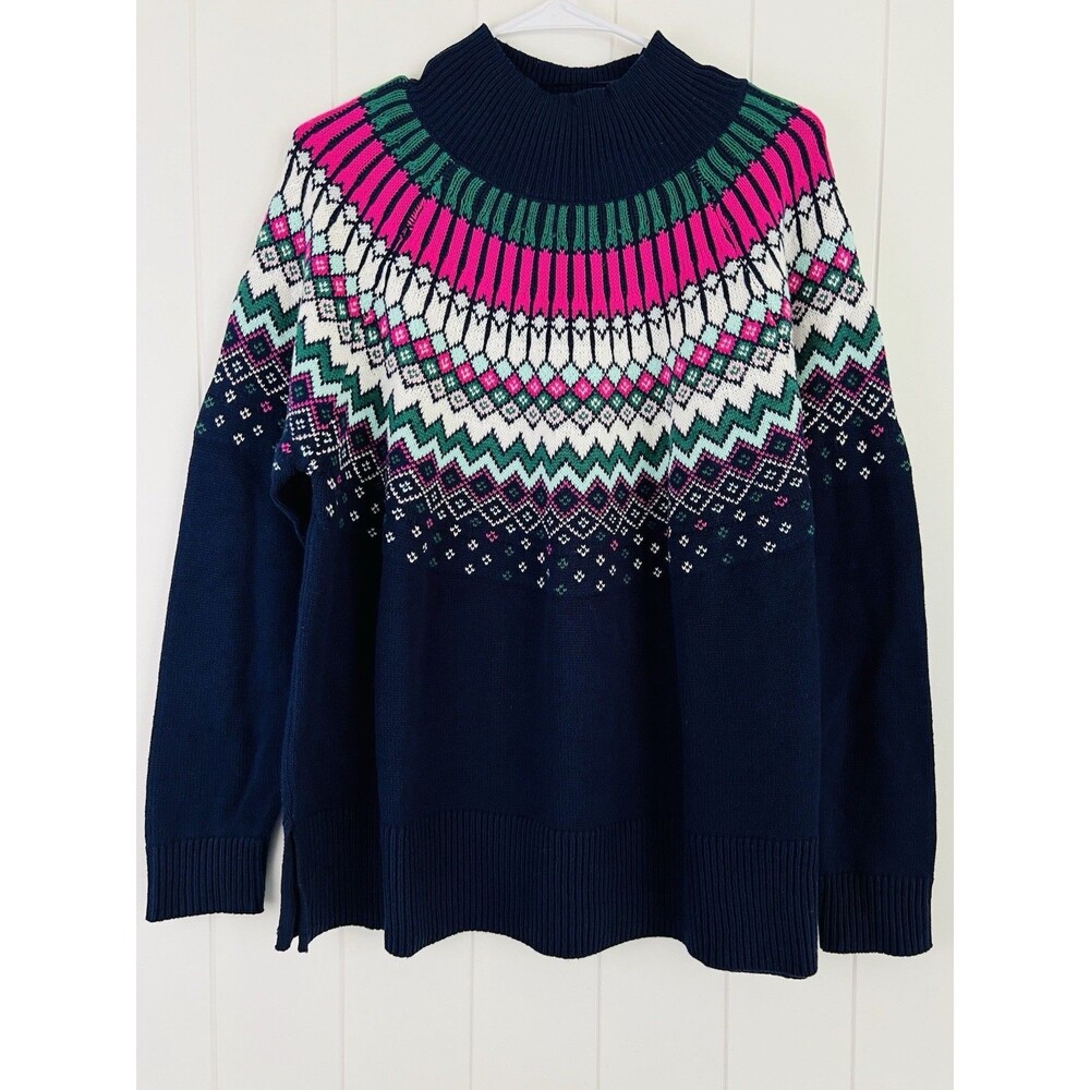 NEW Crown & Ivy Navy Blue Fair Isle Mock Neck Cozy Sweater Size Medium